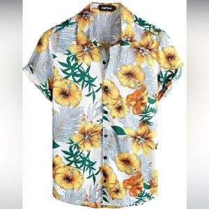Mens 100% Cotton Hawaiian Flower Short Sleeve Button Down Regular Fit Size M